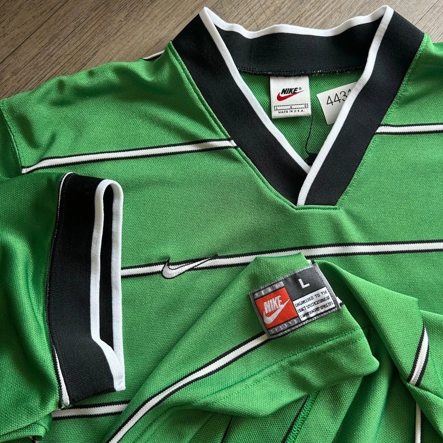 1990s | NIKE Team Sports Striped Green V-Neck Jersey T-Shirt sz L/XL
