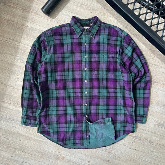 VINTAGE 90s | L.L. Bean Plaid Flannel Corduroy Button Down Shirt sz XL