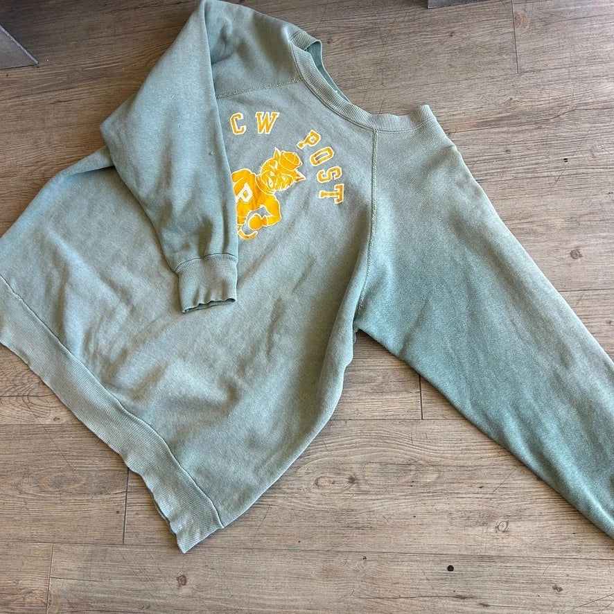 VINTAGE 60s | CW Post Sun Faded Green Raglan Crewneck Sweatshirt sz M