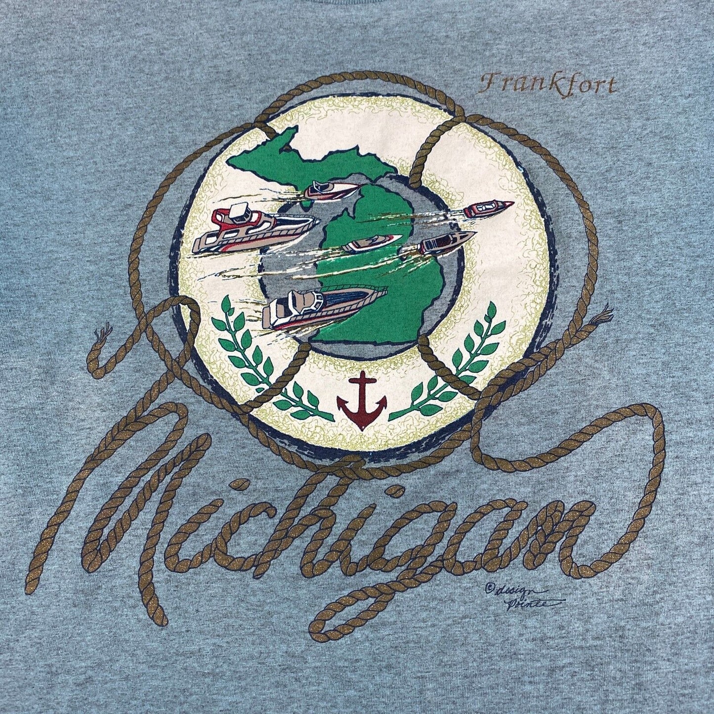 VINTAGE 90s Fankfort Michigan Boating Faded Blue T-Shirt sz Large Men Adult
