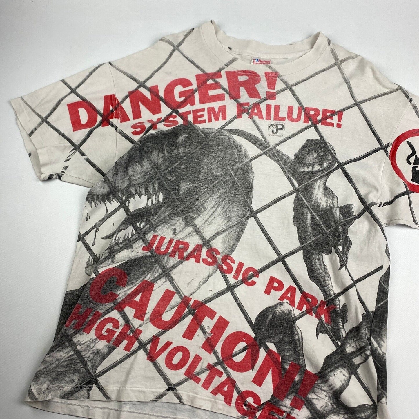 VINTAGE 90s Jurassic Park Danger ! All Over Print Movie T-Shirt sz XL Men