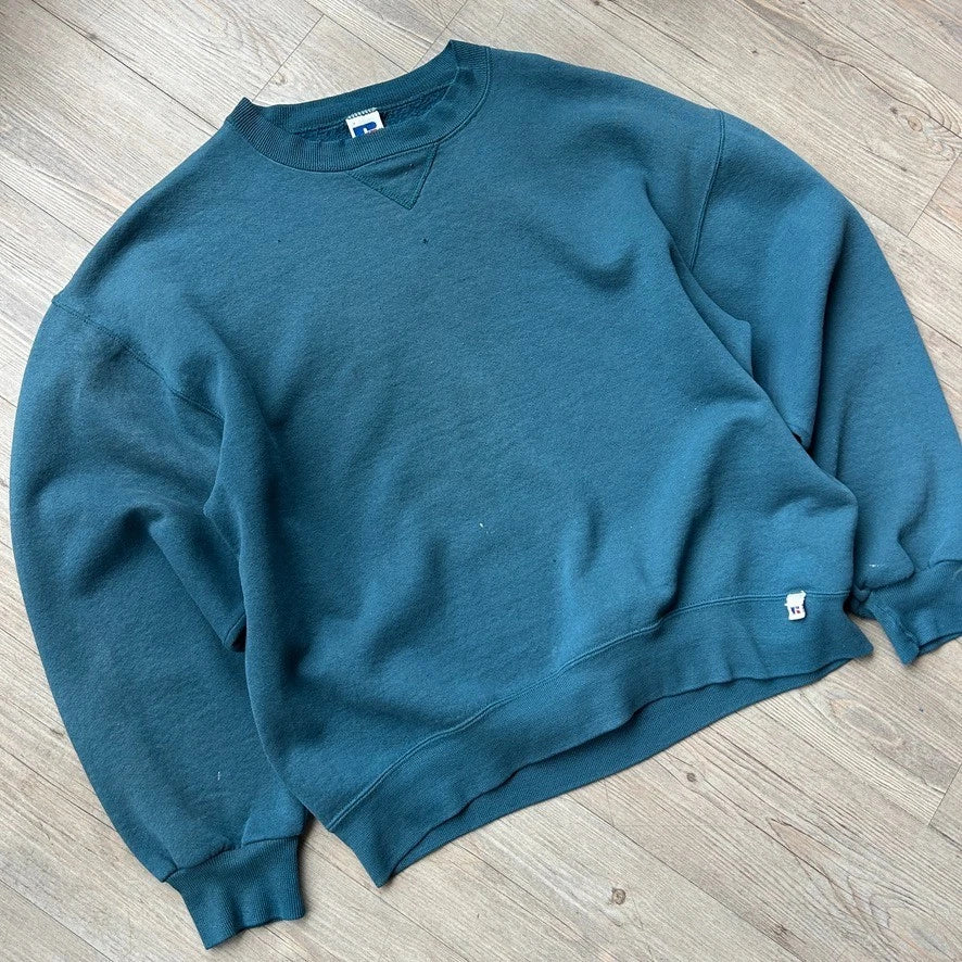 VINTAGE 90s | Russell Athletic Faded Blank Teal Blue Crewneck Sweater sz L