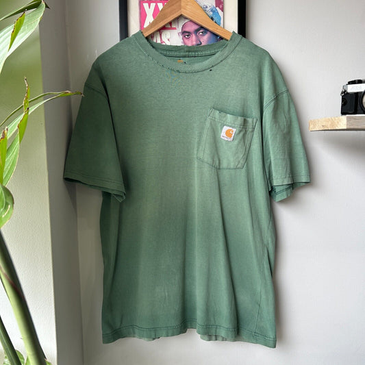 VINTAGE | CARHARTT Sun Faded Green Thrashed Logo T-Shirt sz M Adult