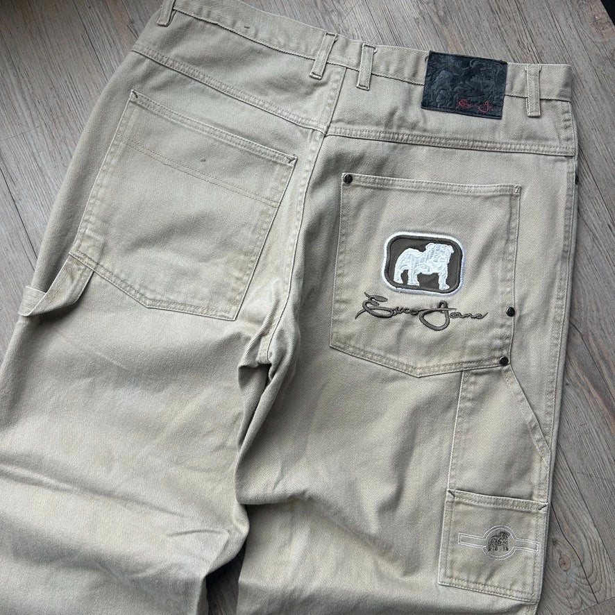 VINTAGE | EXCO Baggy Beige Embroidered Denim Pants sz W36 L32