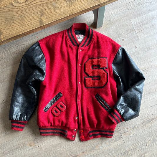 VINTAGE | Ripon Red / Black Leather Varsity Football Jacket sz L 46 Adult