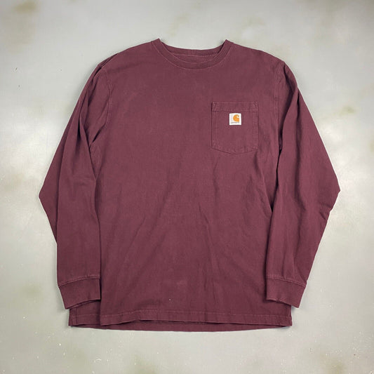 VINTAGE Carhartt Patch Logo Maroon Long Sleeve Pocket T-Shirt sz Medium Adult