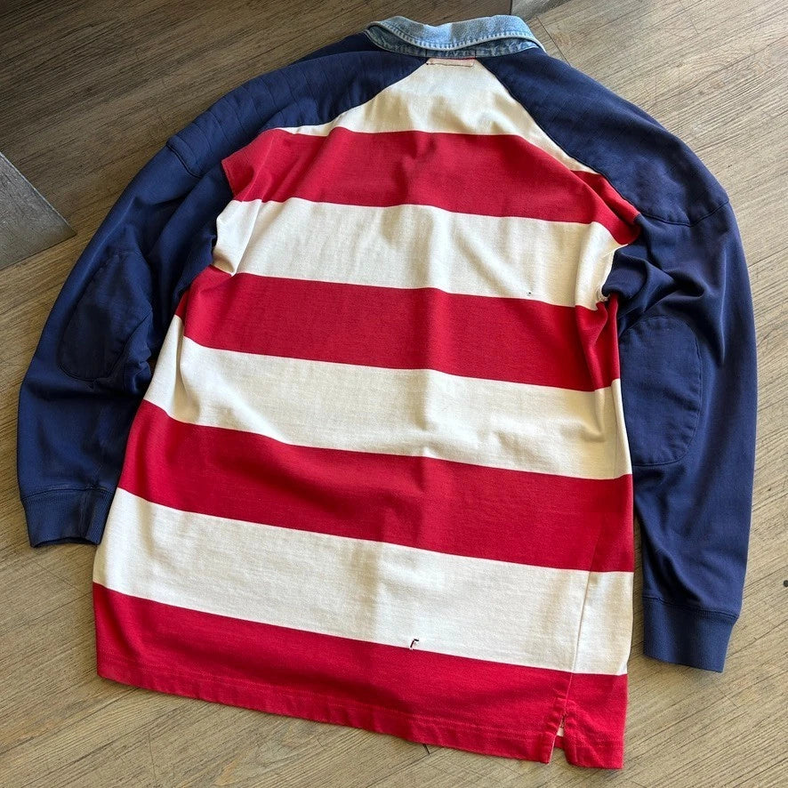 VINTAGE 90s | Ralph Lauren USA Flag Hi-Tech Striped Rugby Polo Sport Shirt sz L