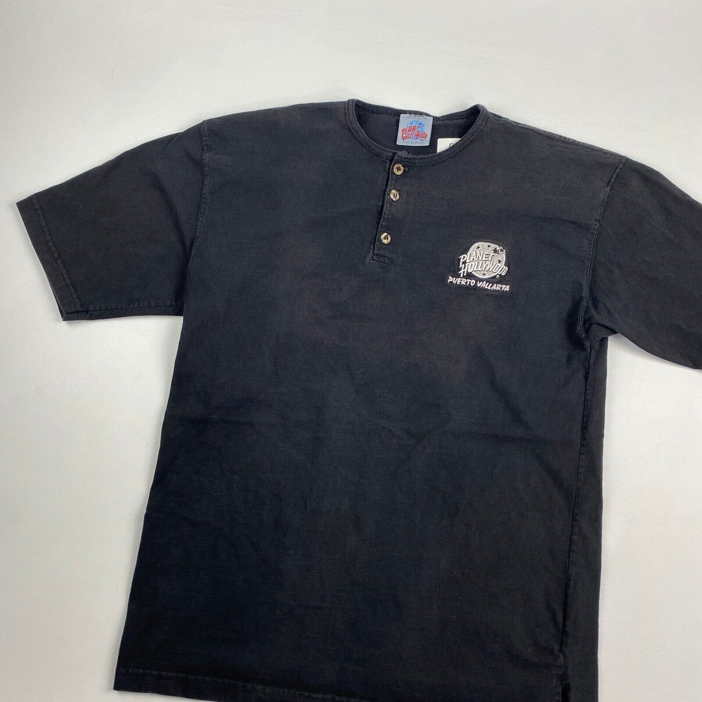 VINTAGE Planet Hollywood Embroidered Black Henley T-Shirt sz Medium Men