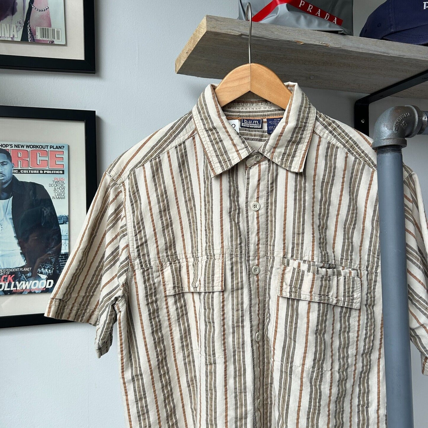 VINTAGE | B.U.M Earth-tone Striped Short Sleeve Button Down Shirt sz M