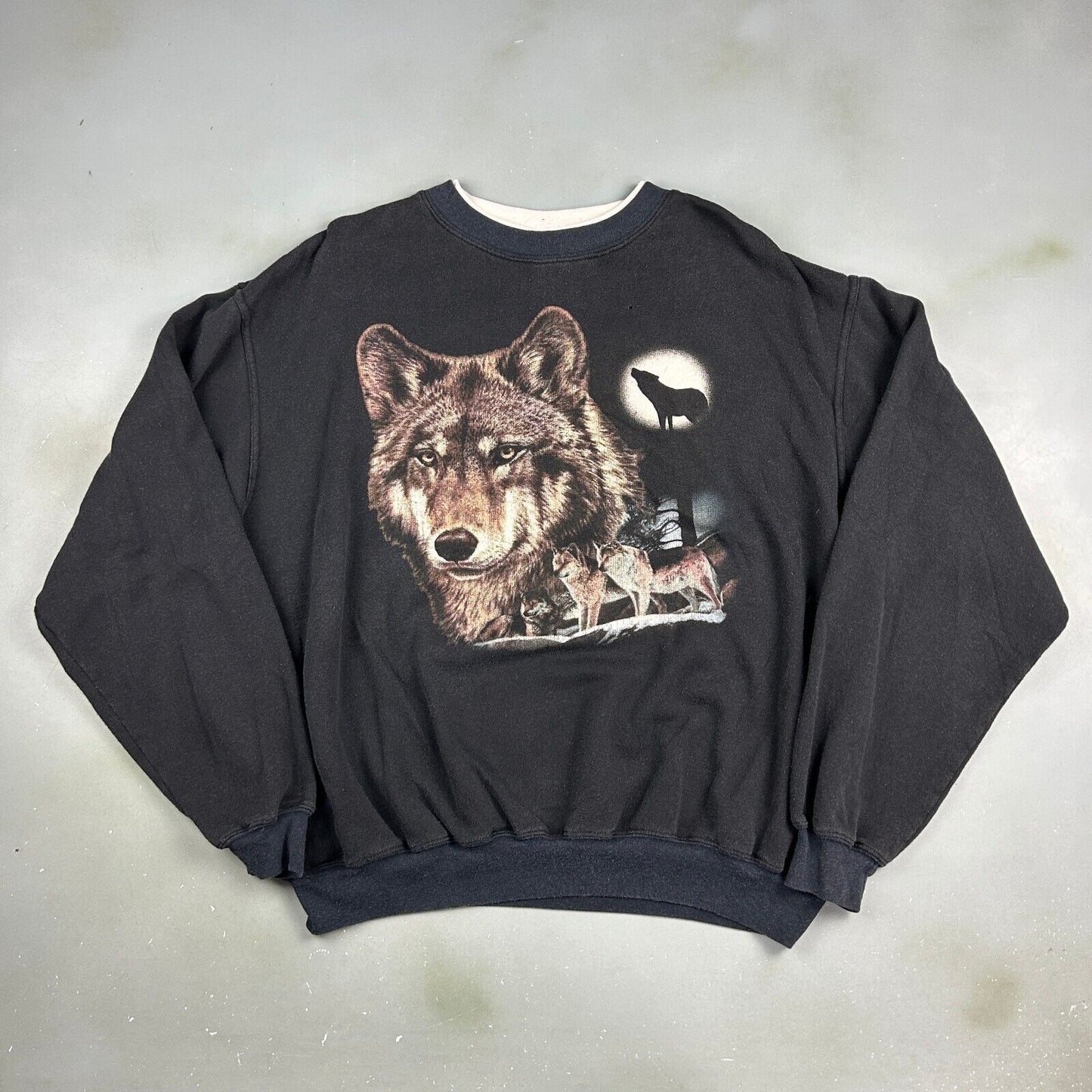 VINTAGE 90s Wolves Nature Graphic Black Crewneck Sweater sz Large Adult