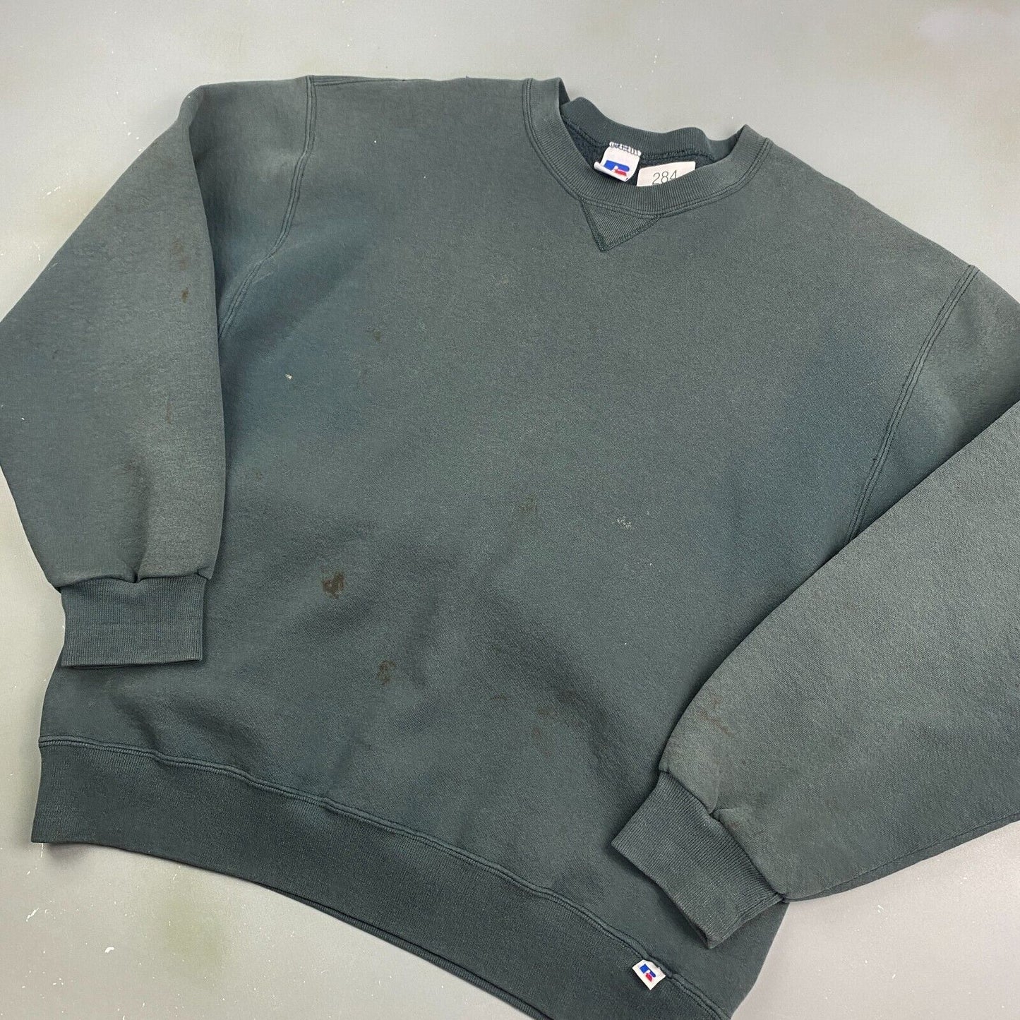 VINTAGE 90s Russell Athletic Blank Faded Green Crewneck Sweater sz Large Men