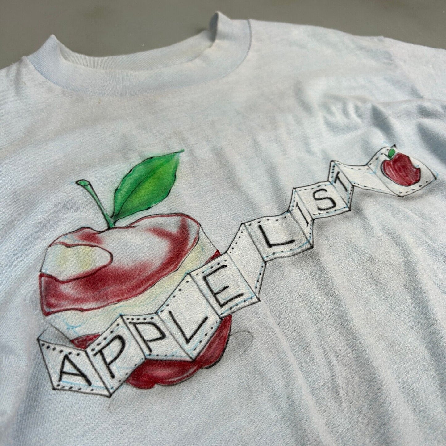 VINTAGE 70s-80s | Apple List Lite-Blue Airbrush Art T-Shirt sz M Adult