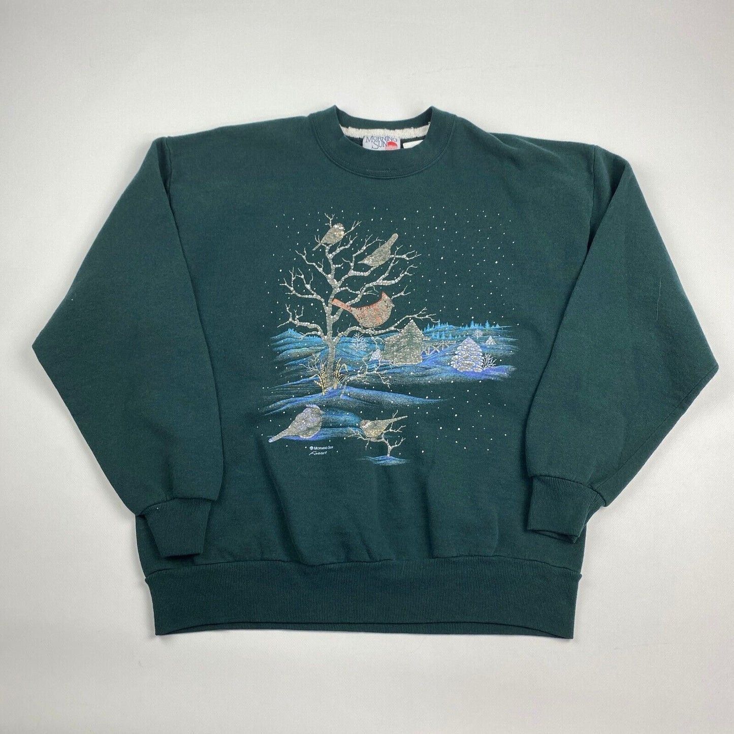 VINTAGE 90s Winter Nature Graphic Green Crewneck Sweater sz Medium Men