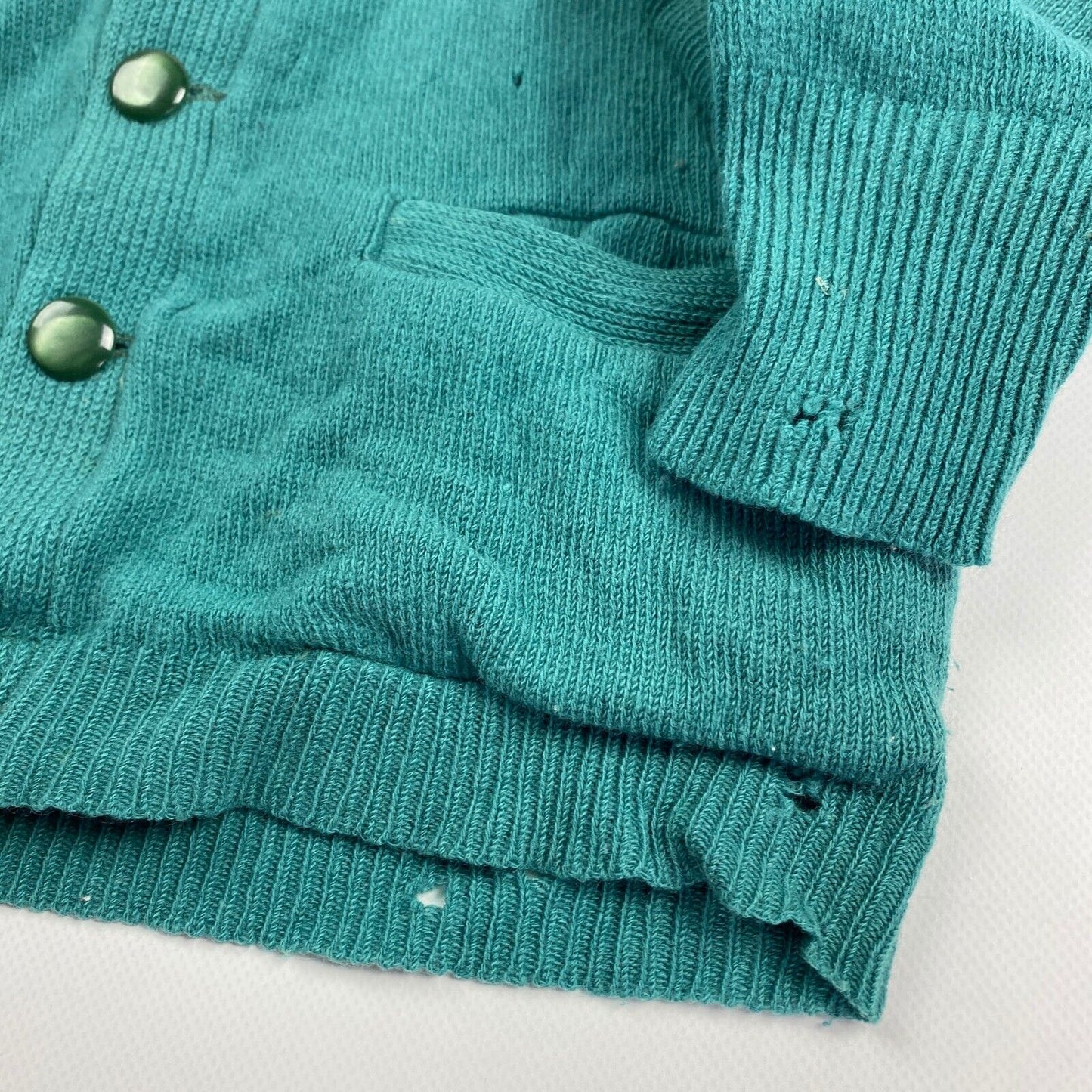 VINTAGE 80s Penmans Teal Wool Distressed Cardigan Sweater sz Small Men