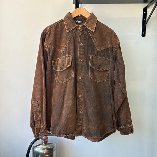 VINTAGE 90s | Brown Acid Washed Jumbo Corduroy Western Button Down Shirt sz XL