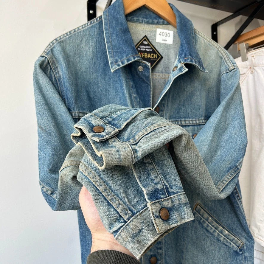 VINTAGE 70s 80s | GWG Sun Faded Button Snap Denim Trucker Jacket sz M/L