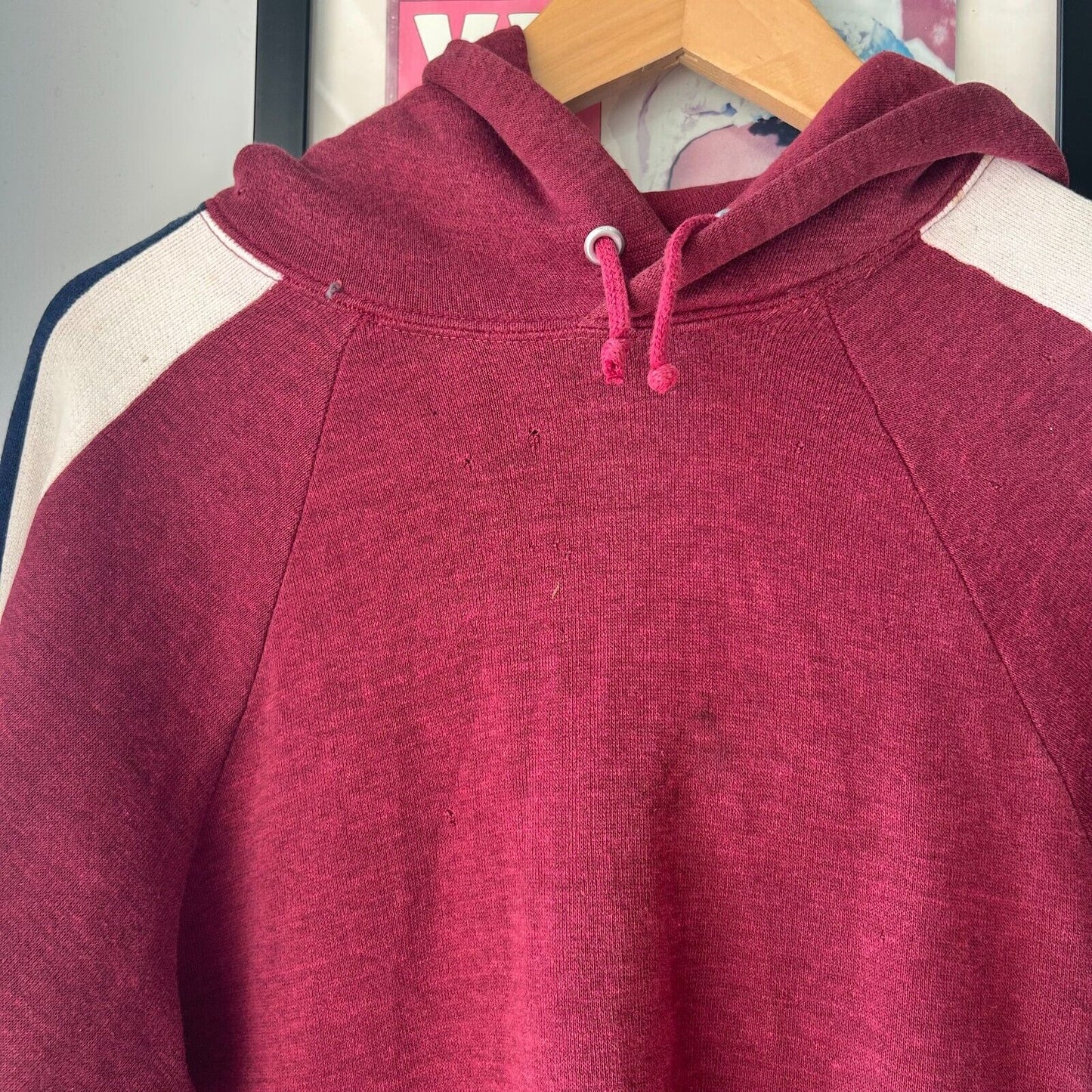 VINTAGE 80s Burgundy Blank Red Raglan Hoodie Sweater sz S Mens