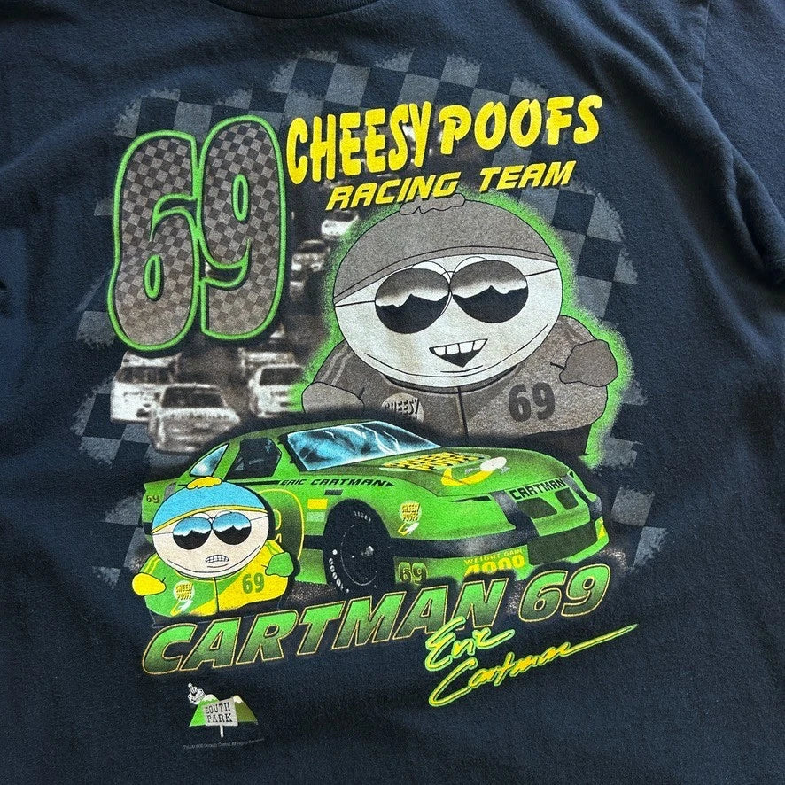 VINTAGE 90s | South Park Cartman 69 Cheesy Poofs Racing Team T-Shirt sz L