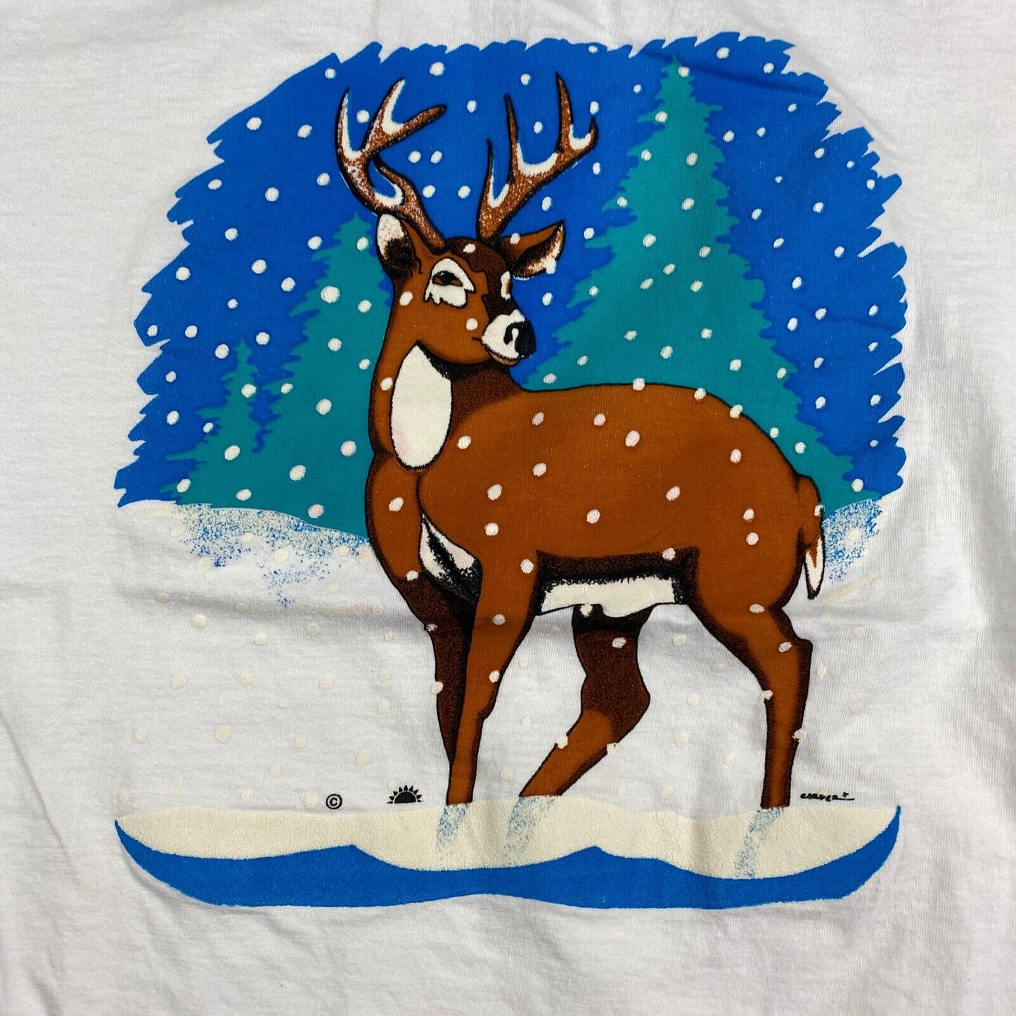 VINTAGE 90s Illustrated Winter Deer Nature White T-Shirt sz Large Men Adult