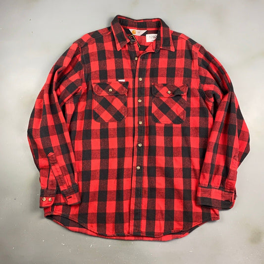 VINTAGE Carhartt Rugged Red Plaid Flannel Button Up Shirt sz Large Adult