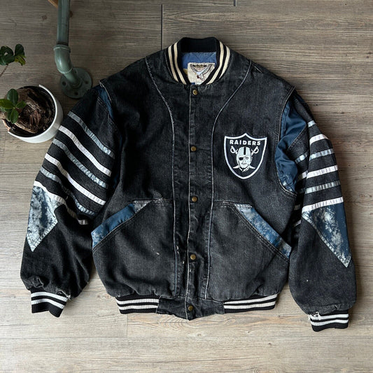 VINTAGE 90s | Oakland RAIDERS NFL Street Legends Black Denim Bomber Jacket sz XL