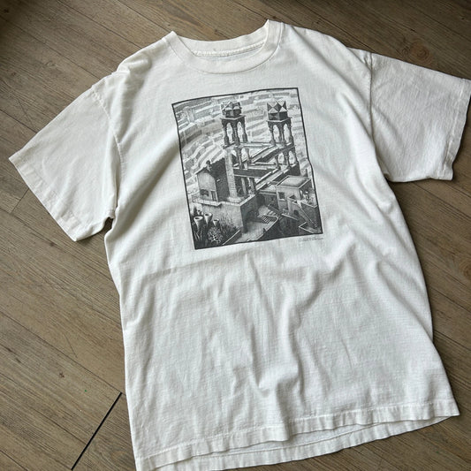 VINTAGE 1991 | M.C. Escher Waterfall Lithograph Artwork T-Shirt sz L