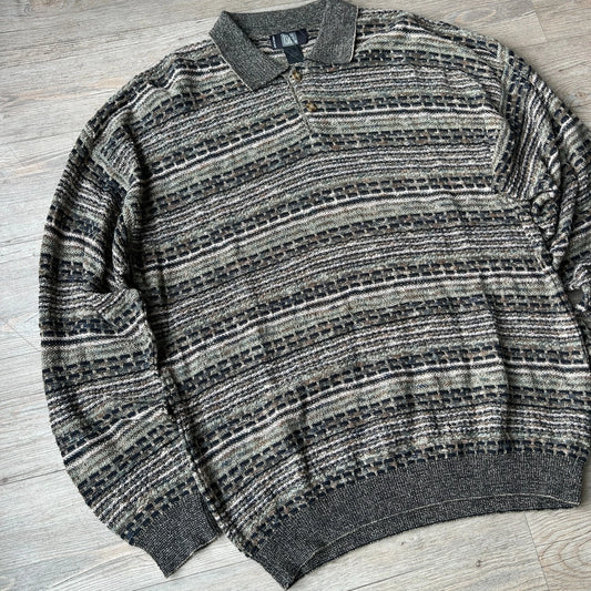 VINTAGE | 3D Textured Earthtone Collared Knit Sweater sz L