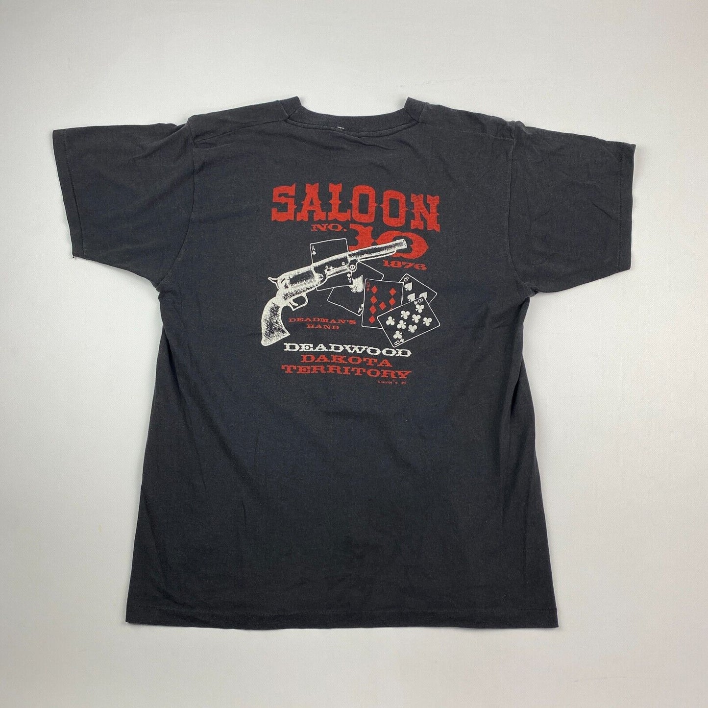 VINTAGE 1985 No. 10 Saloon Deadmans Hand Black T-Shirt sz M Mens