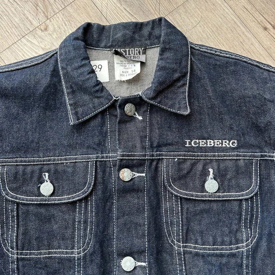 VINTAGE | Iceberg History Dark Indigo Denim Trucker Jacket sz 14 XS/S