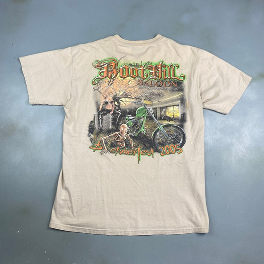 VINTAGE Boot Hill Saloon Biketoberfest Faded Tan Biker T-Shirt sz M-L Adult