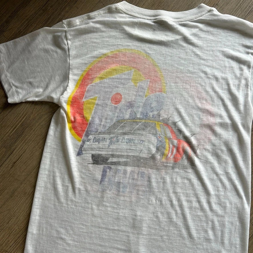 VINTAGE 90s | Tide Racing Heavy Fade Paper Thin White T-Shirt sz M
