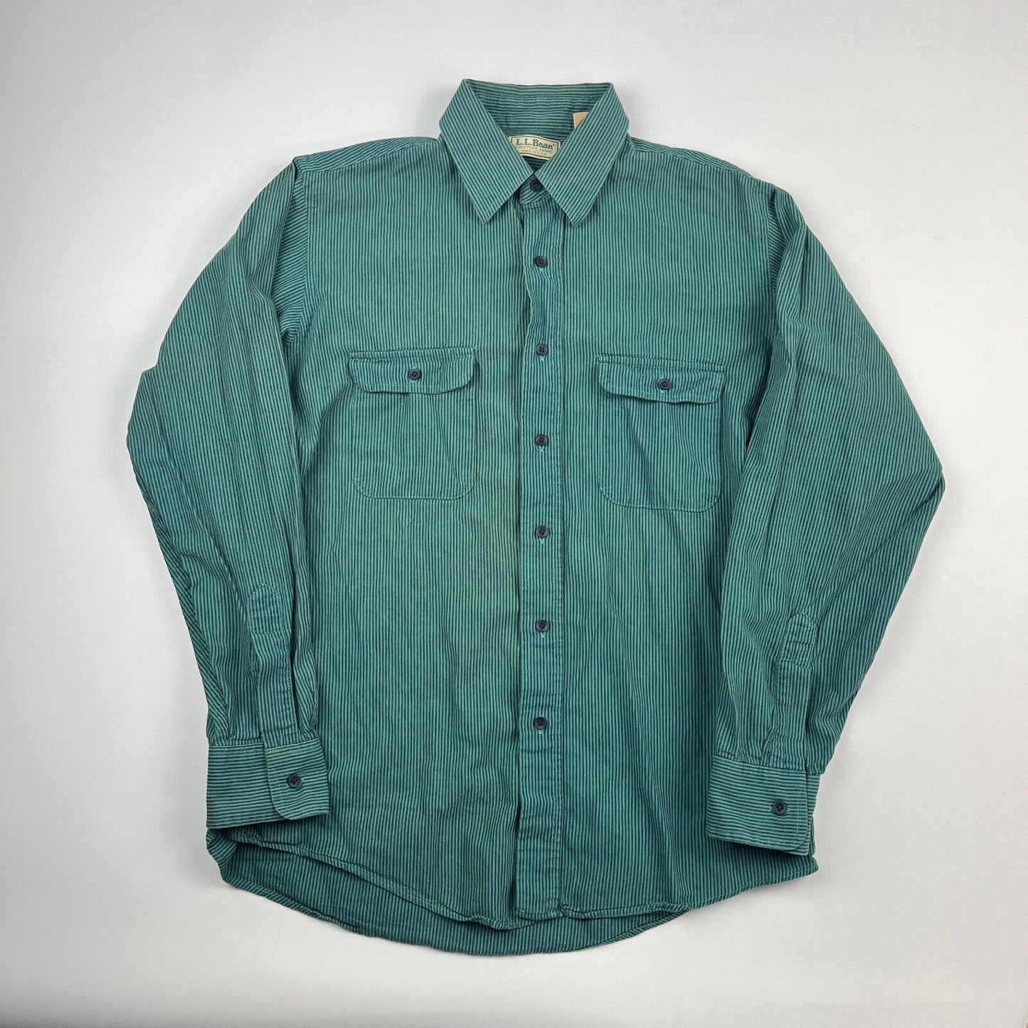 VINTAGE 90s L.L Bean Striped Green Button Up Shirt sz Medium Men
