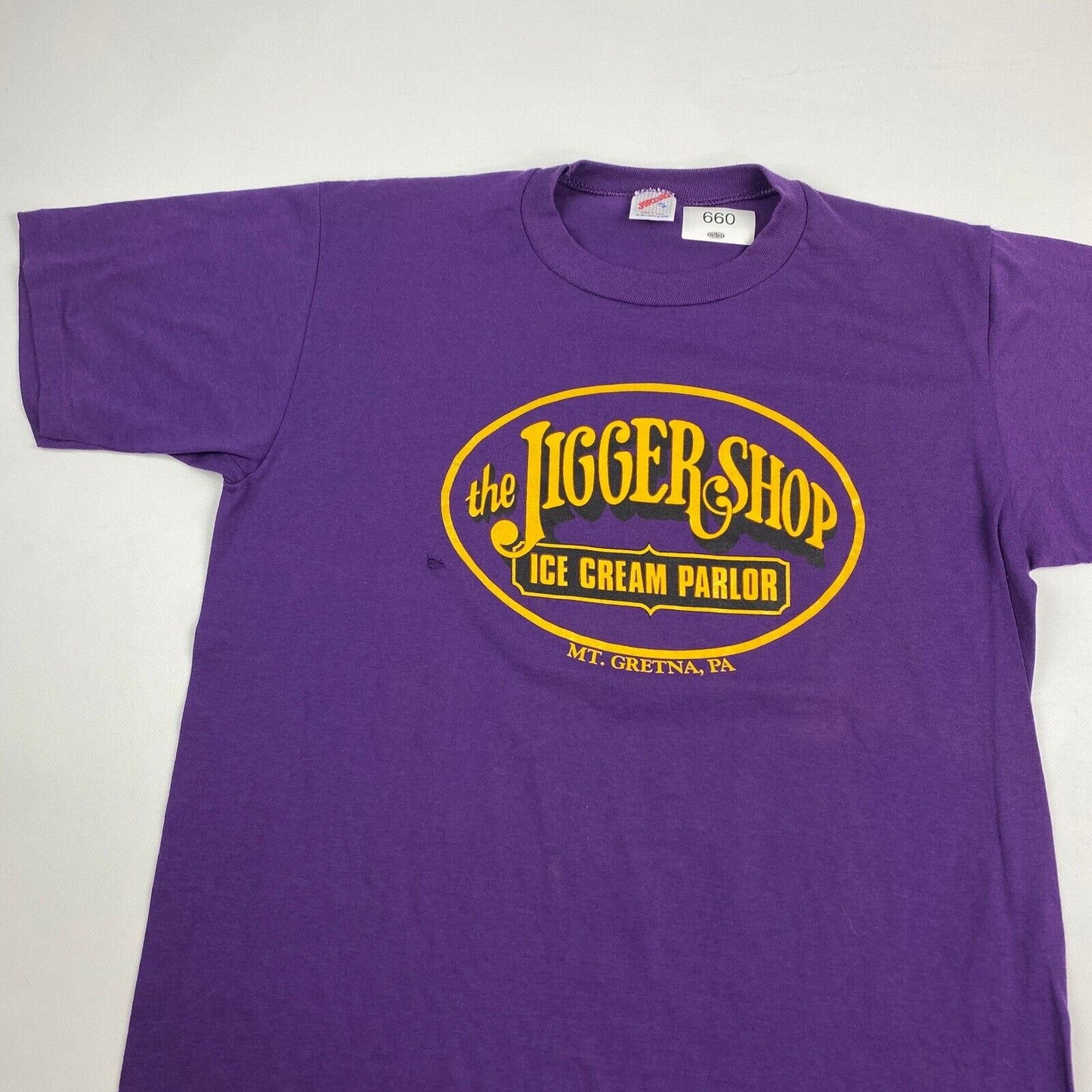 VINTAGE The Jigger Shop Ice Cream Parlour Purple T-Shirt sz Large Men
