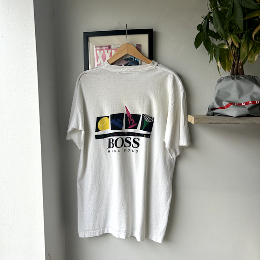 VINTAGE 1990s | Boss Hugo Boss Graphic T Shirt Sz Adult XL Single Stitch White