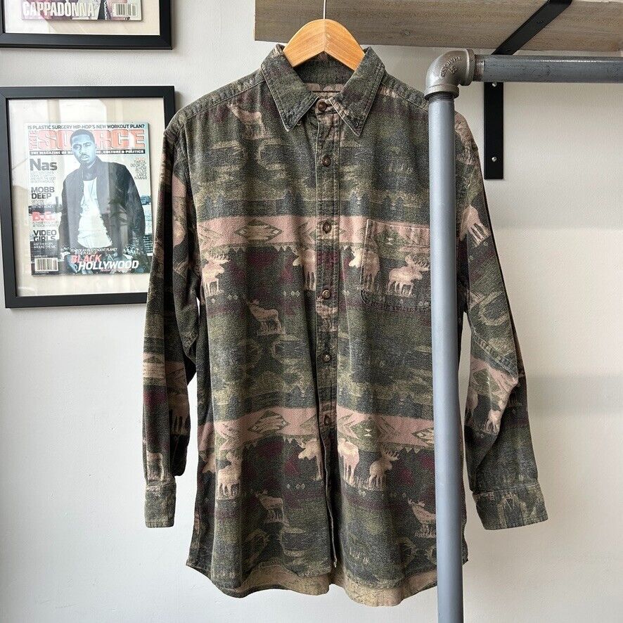 VINTAGE | Woods & Water Aztec Nature Cloth Flannel Button Down Shirt sz L