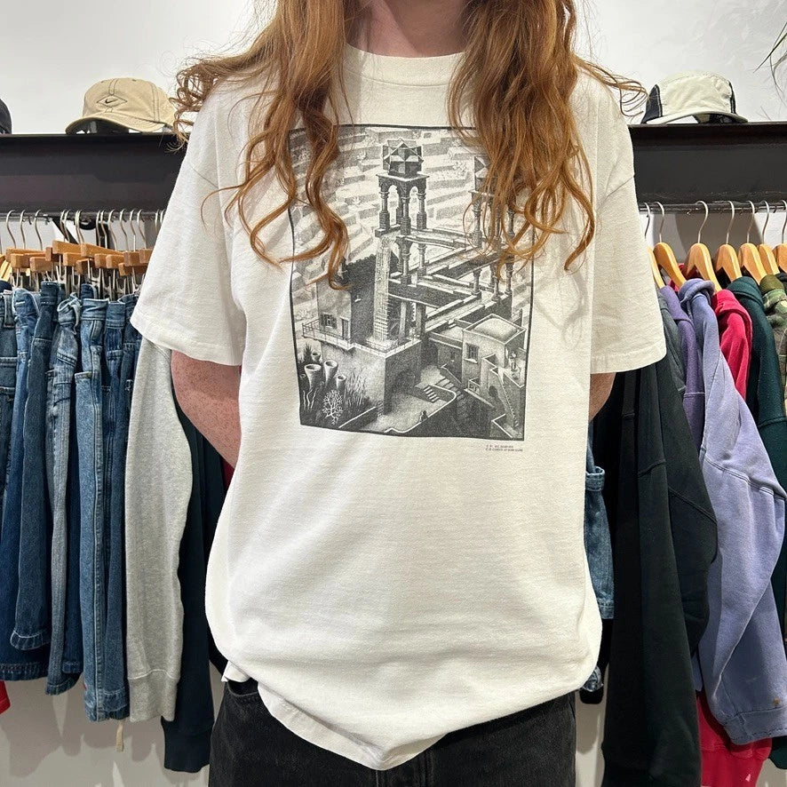 VINTAGE 1991 | M.C. Escher Waterfall Lithograph Artwork T-Shirt sz L