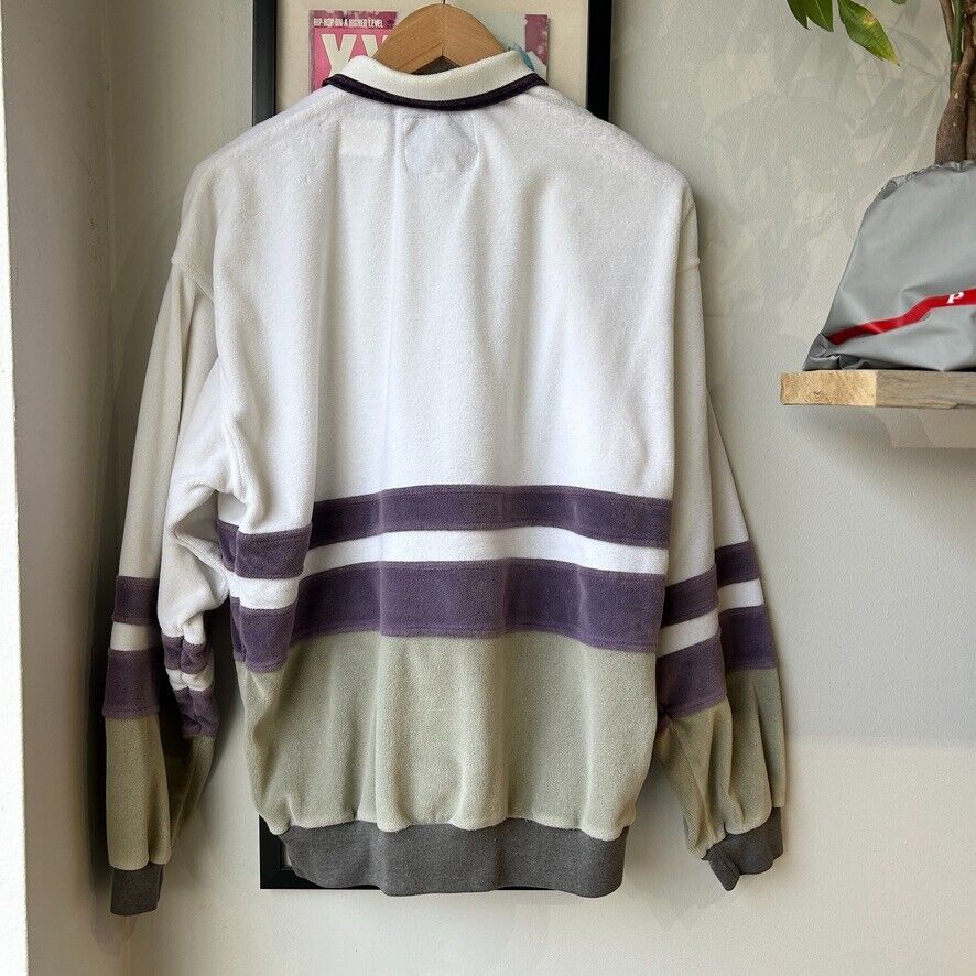 VINTAGE 90s | Velour Striped Collared Polo Crew Sweater sz M