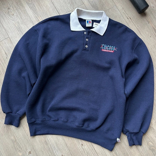 VINTAGE 90s | Chicago Marathon Russell Athletic Collared Crewneck Sweater sz L