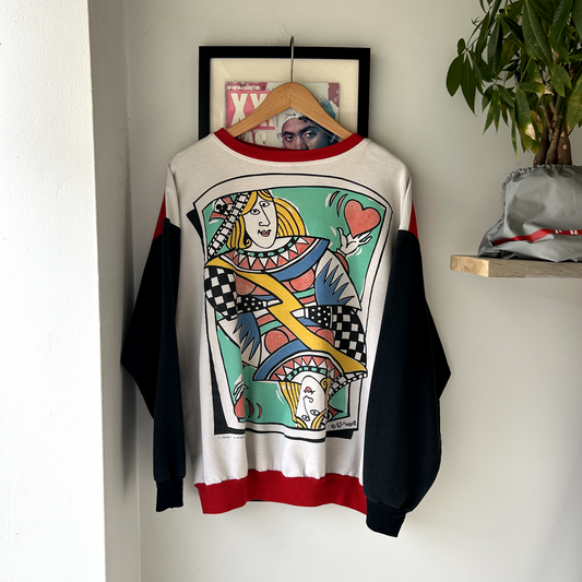 VINTAGE 1990s | Abstrac Solitaire Queen Card Graphic Crewneck Sweater One Size