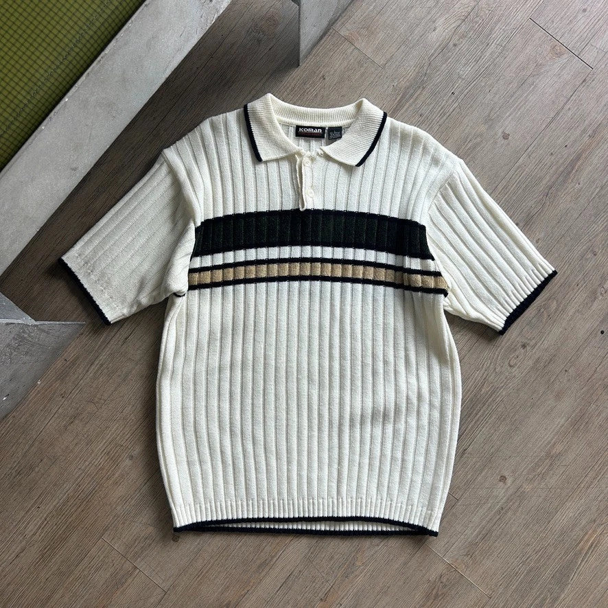 VINTAGE 90s | Koman Striped Ribbed Knit Polo Shirt sz L