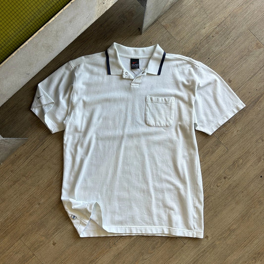 1990s | NIKE Mini Swoosh White Button Snap Polo Shirt sz M/L