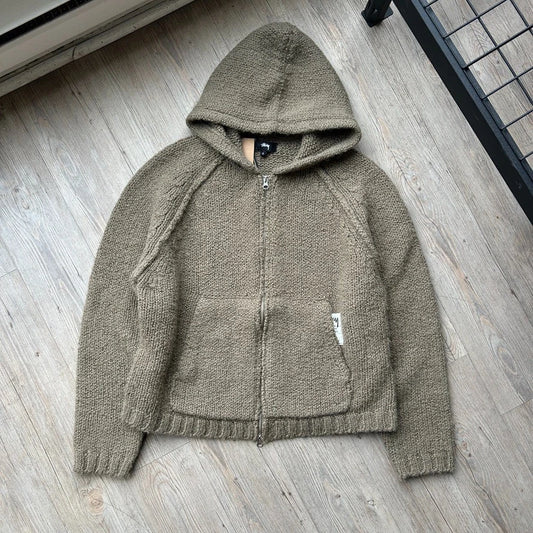 STUSSY | Fossil Green Hooded Alpaca Wool Full Zip Chunky Knit Sweater sz L NWT
