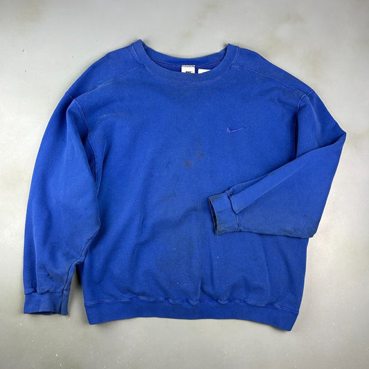 VINTAGE 90s | NIKE Sm Embroidered Swoosh Blue Crewneck Sweater sz L Adult