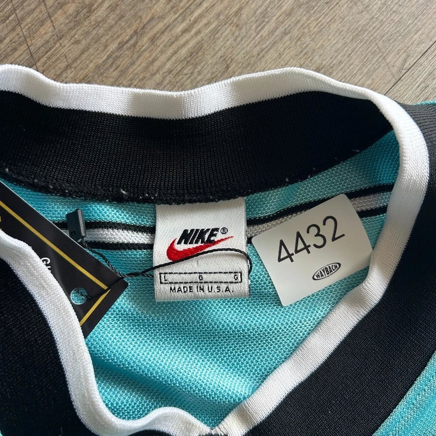 1990s | NIKE Team Sports Striped Teal Blue V-Neck Jersey T-Shirt sz L/XL
