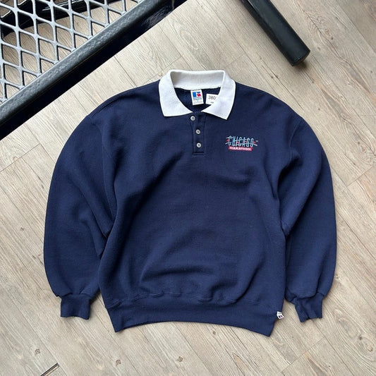 VINTAGE 90s | Chicago Marathon Russell Athletic Collared Crewneck Sweater sz L