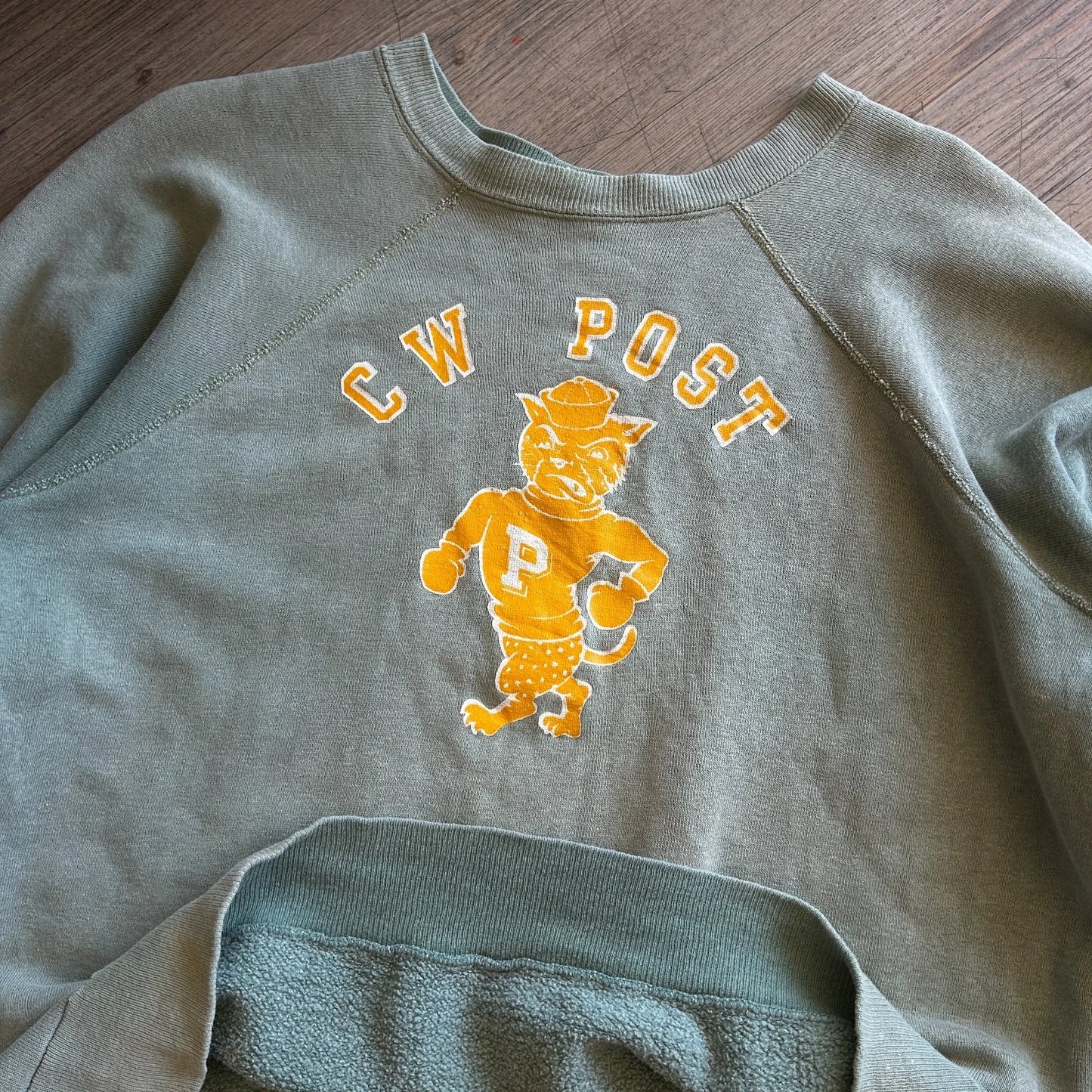 VINTAGE 60s | CW Post Sun Faded Green Raglan Crewneck Sweatshirt sz M
