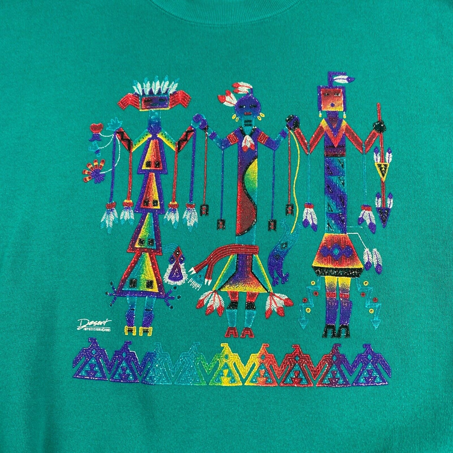 VINTAGE 90s Tribal Aztec Green Crewneck Sweater sz Medium Men MadeinUSA