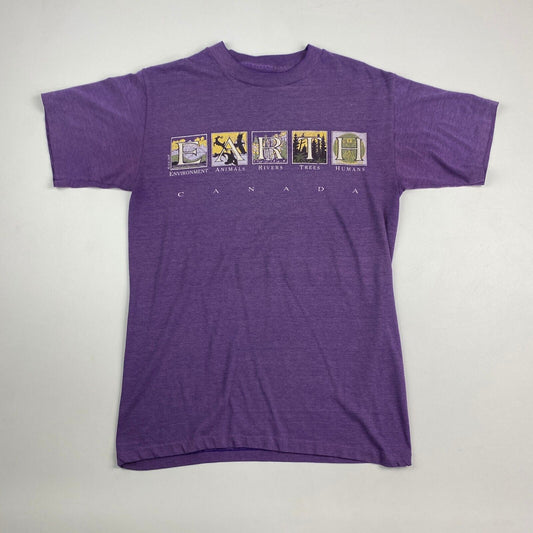 VINTAGE 90s Earth Canada Nature Graphic Purple T-Shirt sz Small Men