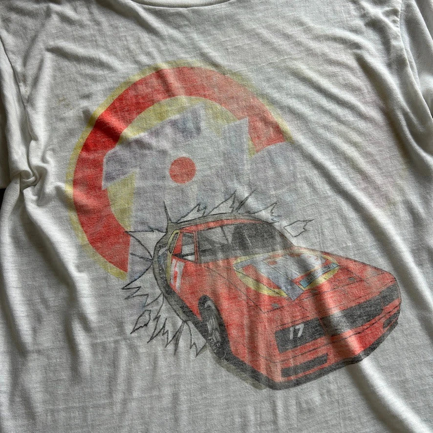 VINTAGE 90s | Tide Racing Heavy Fade Paper Thin White T-Shirt sz M
