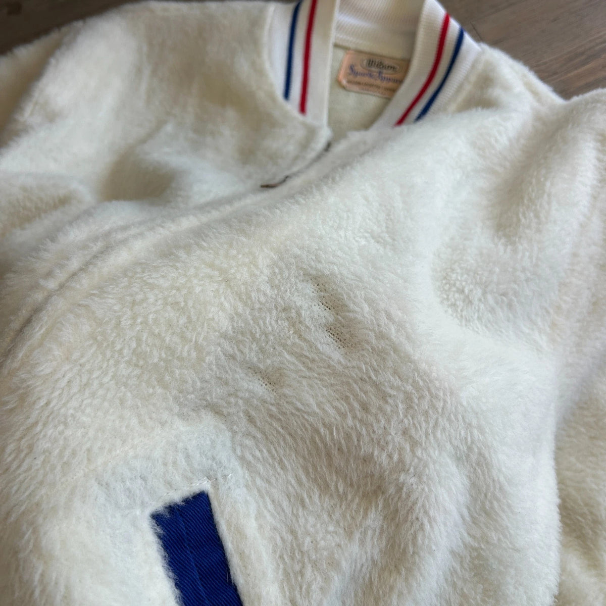 VINTAGE 1960s | Wilson Sports Apparel Cream Fleece Varsity Bomber Jacket sz 40 L